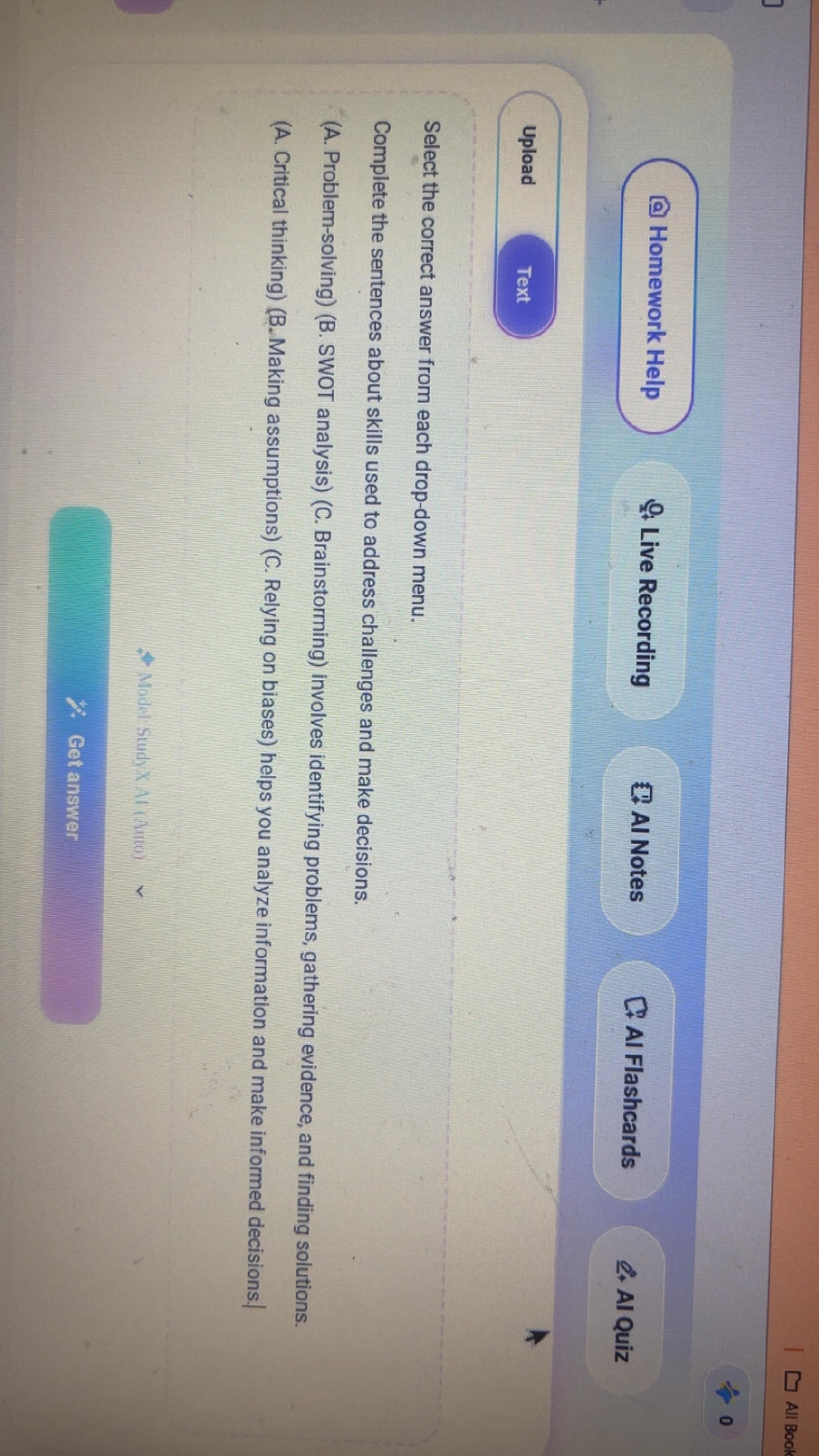 Select the correct answer from each | StudyX