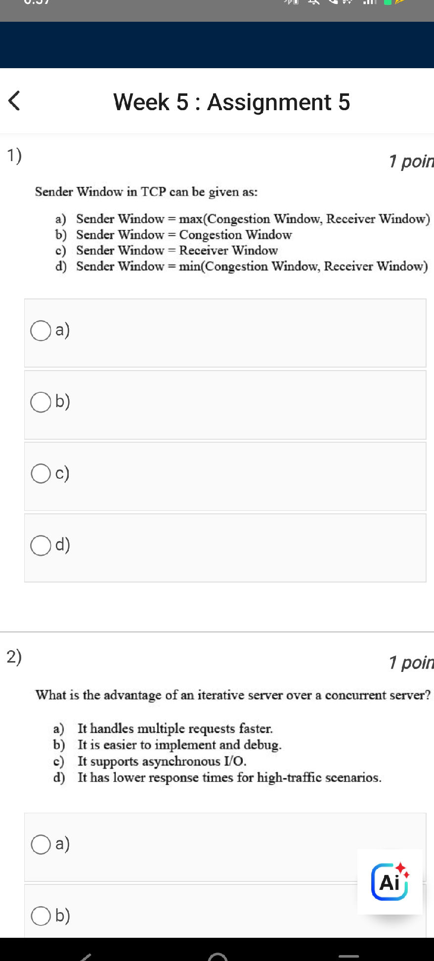 Sender Window in TCP can be given as: a) | StudyX