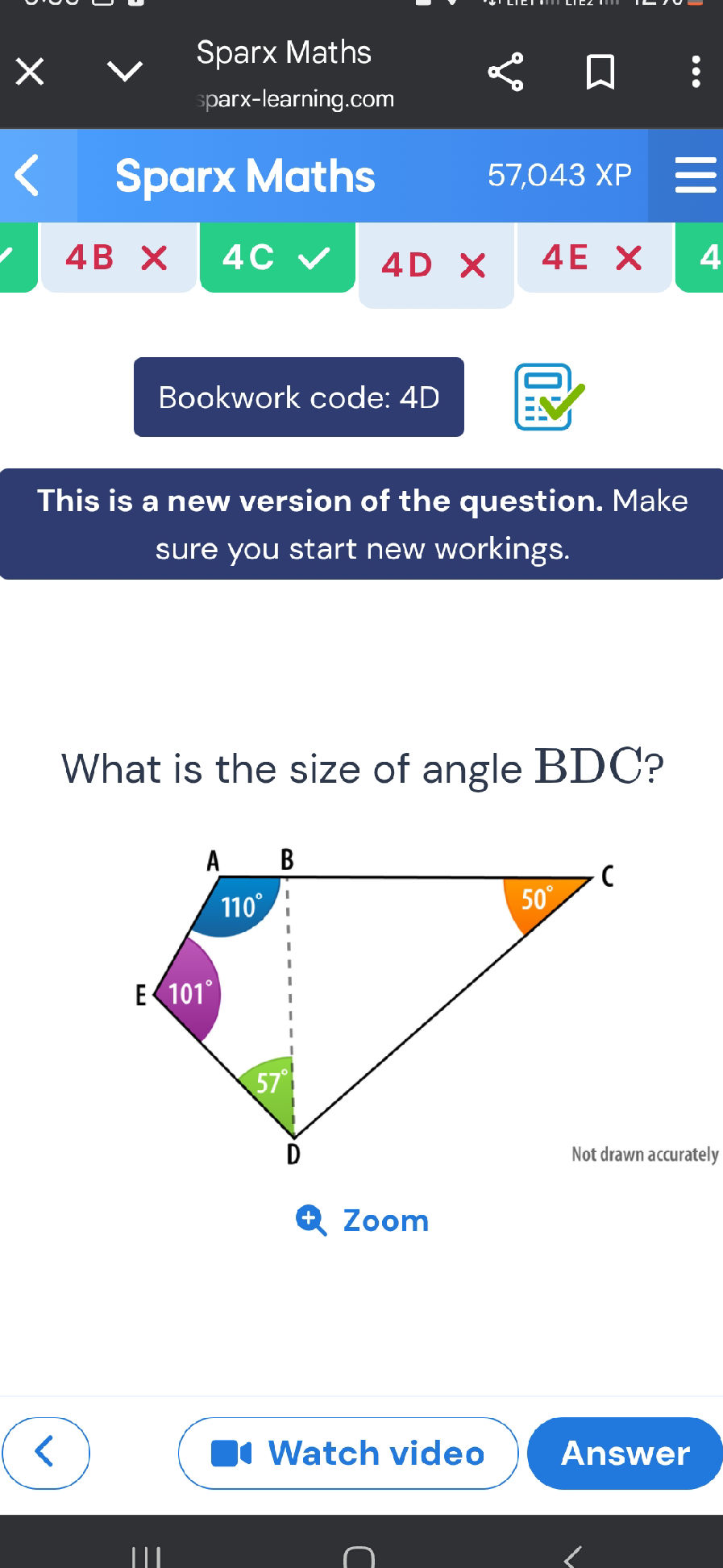 What is the size of angle BDC? A B 110° E | StudyX