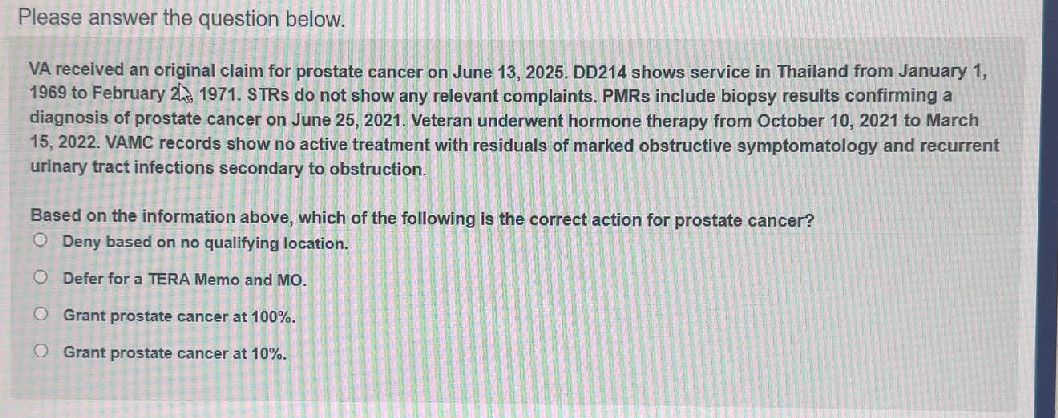 Tera Memo Example VA received an original claim for prostate