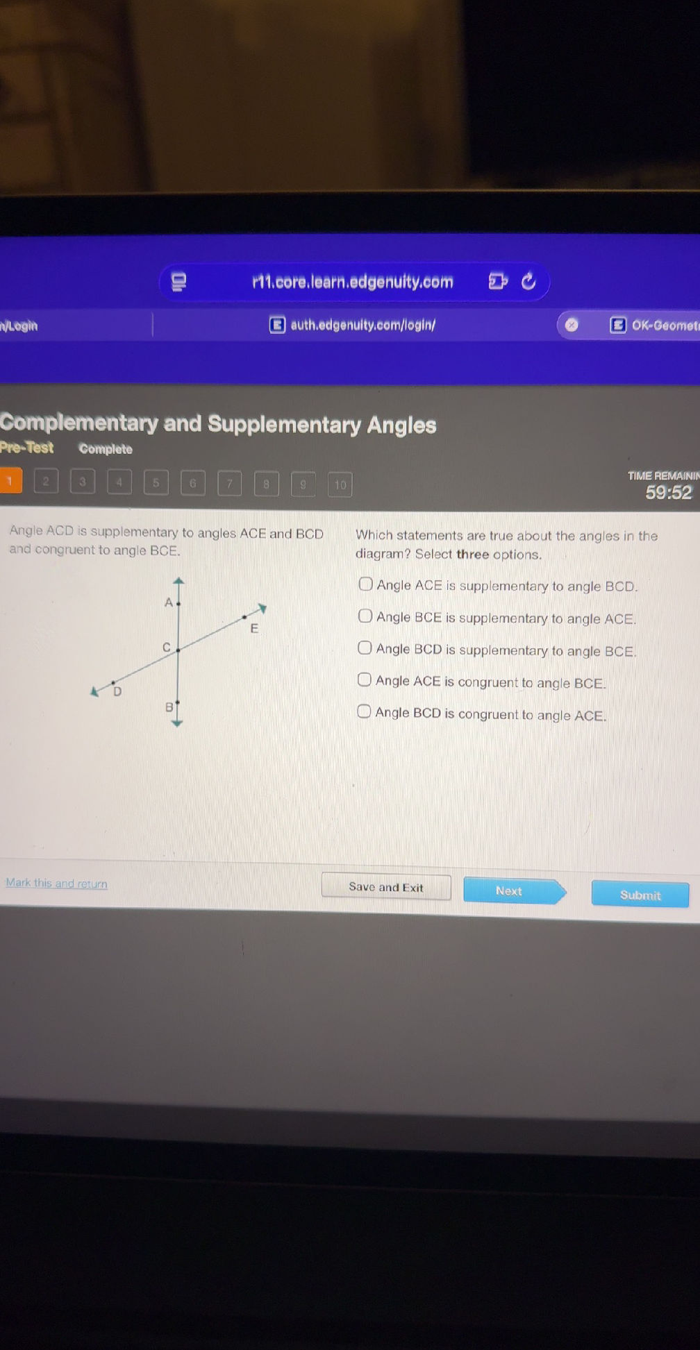 Angle ACD is supplementary to angles ACE and