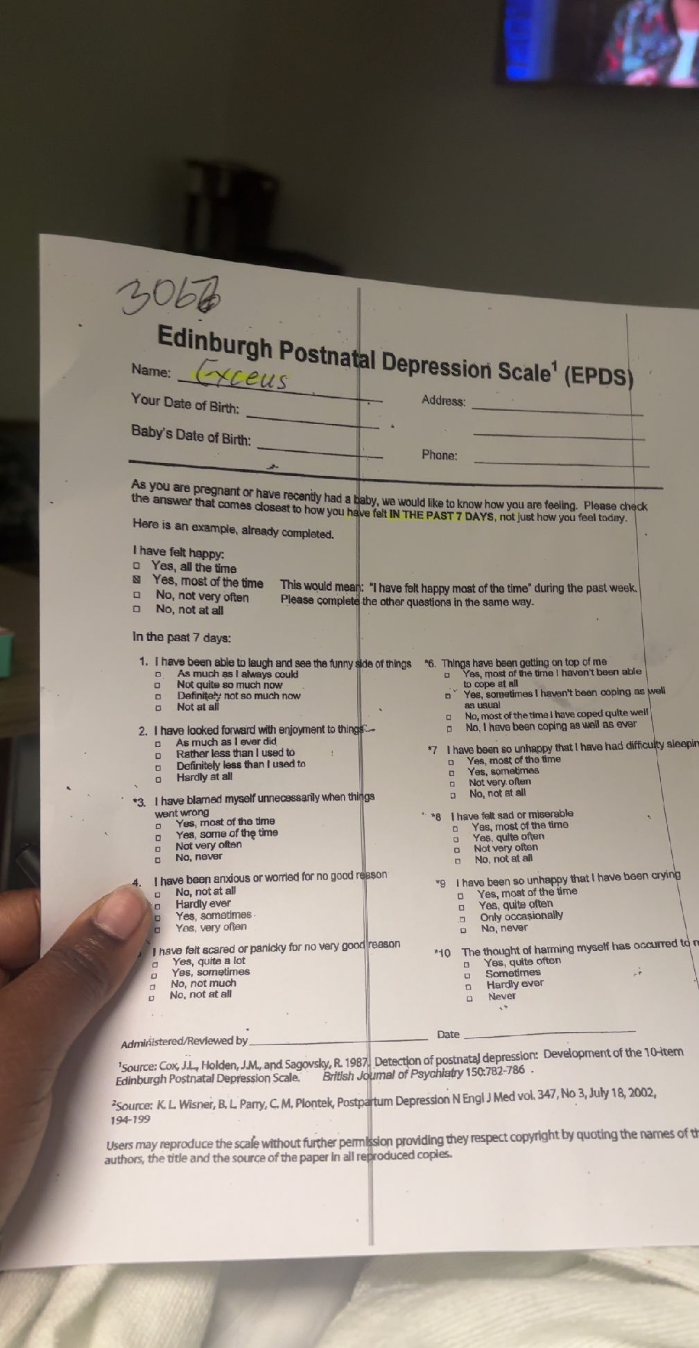 Edps Screen Edinburgh Postnatal Depression Scale¹ (EPDS) | StudyX