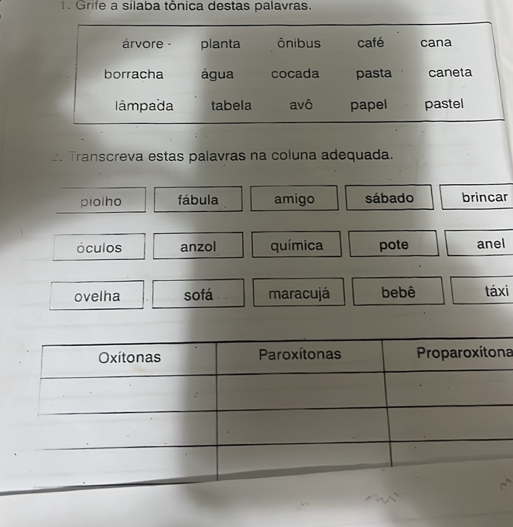 1. Grife a sílaba tônica destas palavras. | StudyX