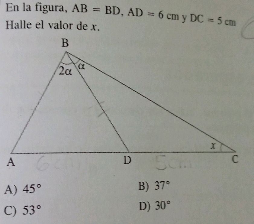 En la figura, AB = BD, AD = 6 cm y DC = 5 cm | StudyX