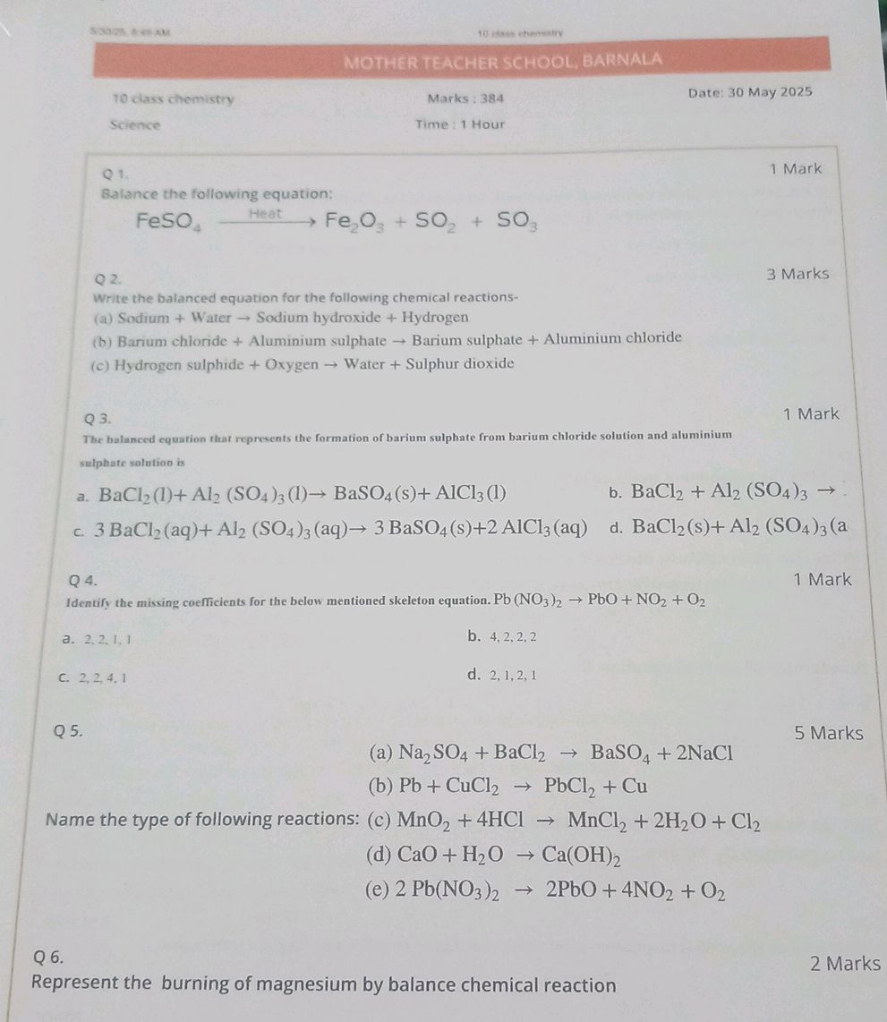 Q1. Balance the following equation: $FeSO4