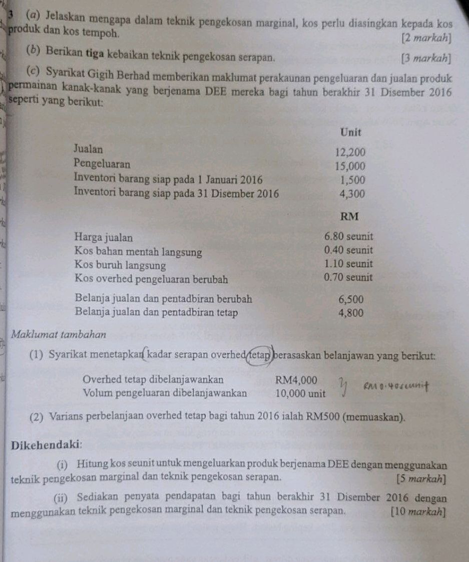 Kos Marginal (a) Jelaskan mengapa dalam teknik pengekosan | StudyX