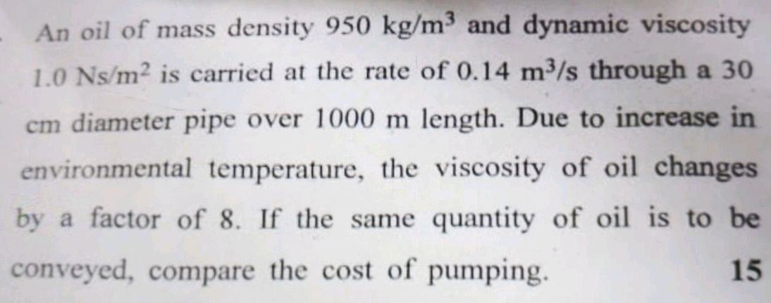 An oil of mass density 950 kg/m³ and dynamic