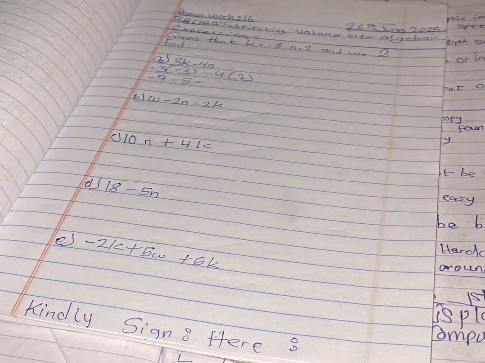 Homework #16 ALGEBRA Substituting values | StudyX