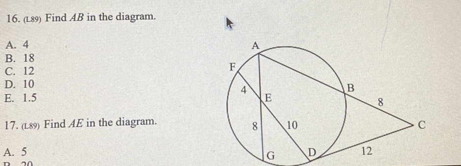 16. Find AB in the diagram. A. 4 B. 18 C. | StudyX