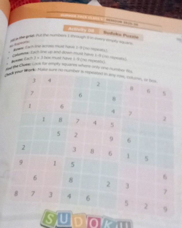 Activity 08 Sudoku Puzzle Fill in the grid: | StudyX