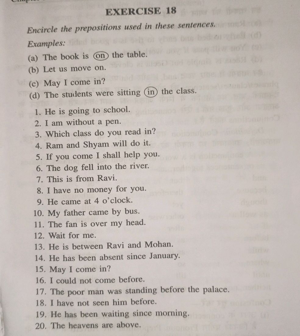 Encircle Example Encircle the prepositions used in these | StudyX