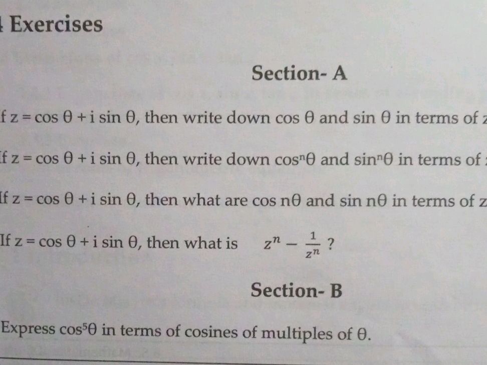 If $z = cos + i sin $, then write down | StudyX