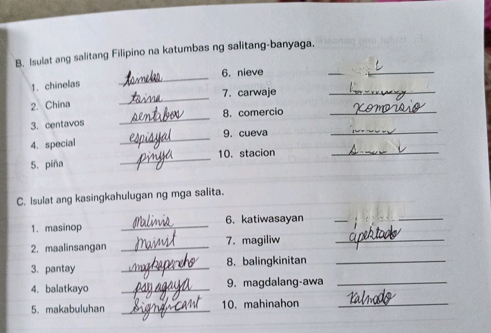 Banyaga Examples B. Isulat ang salitang Filipino na katumbas