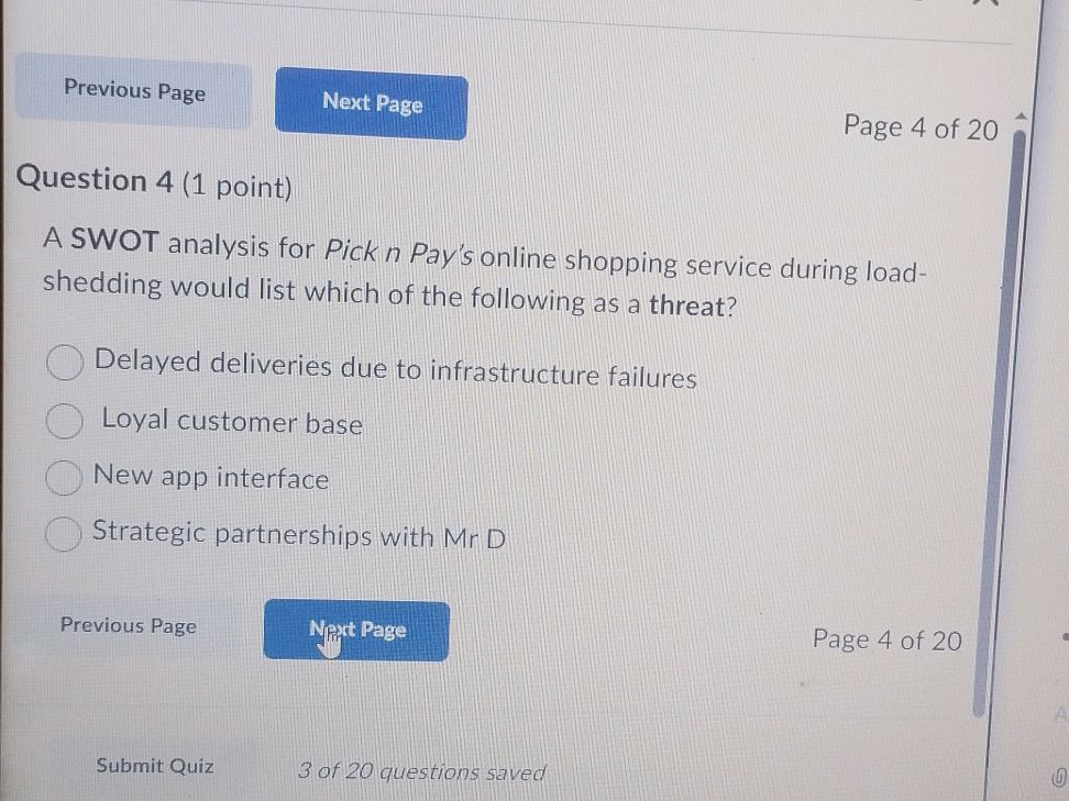Question 4 (1 point) A SWOT analysis for | StudyX