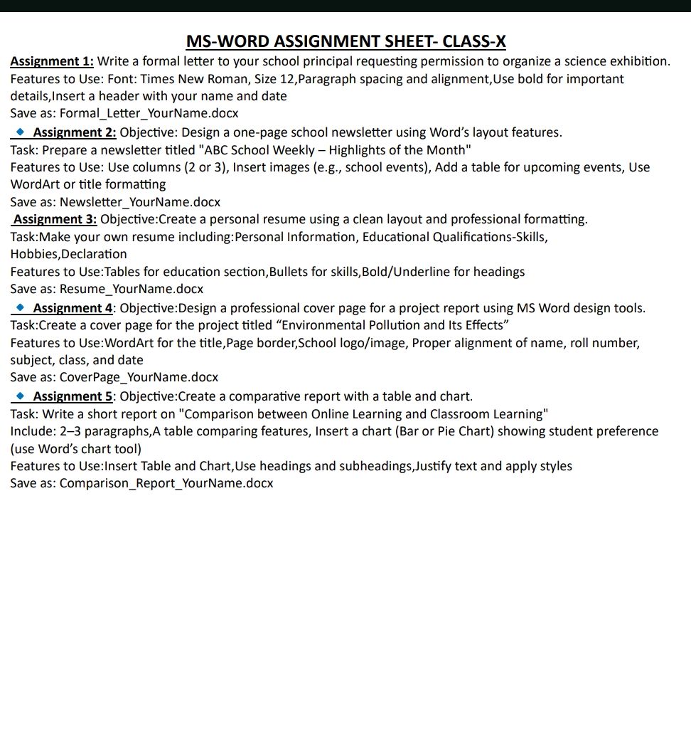 MS-WORD ASSIGNMENT SHEET-CLASS-X Assignment | StudyX