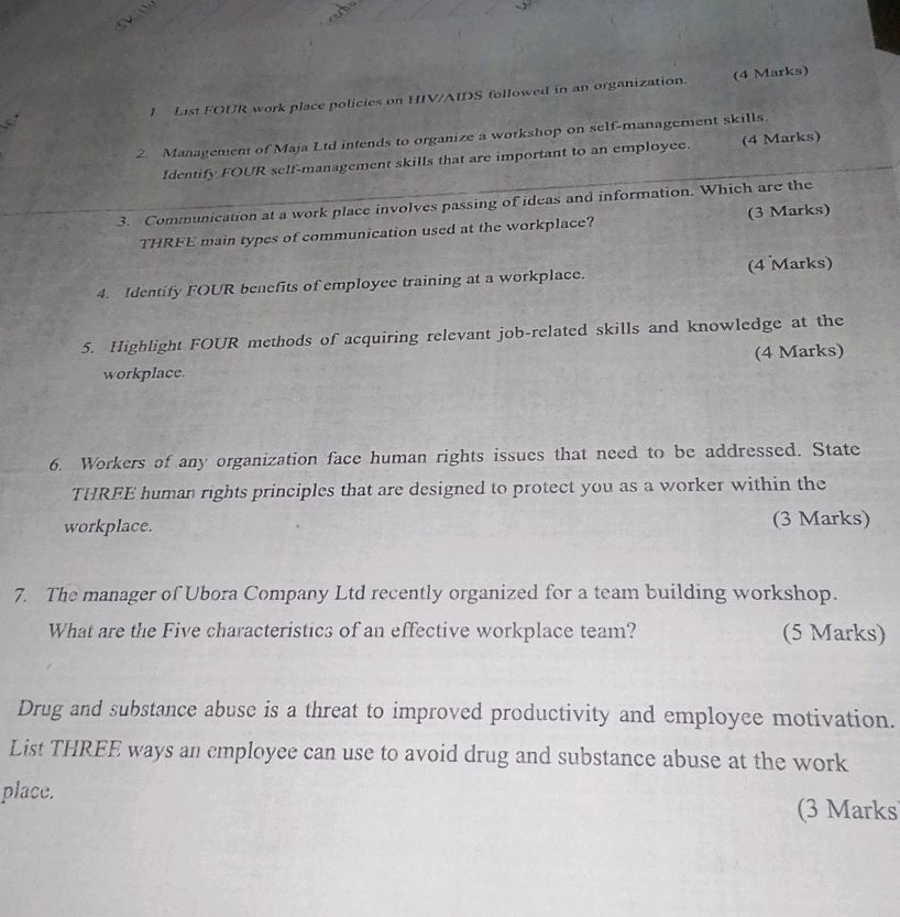 1. List FOUR work place policies on HIV/AIDS | StudyX