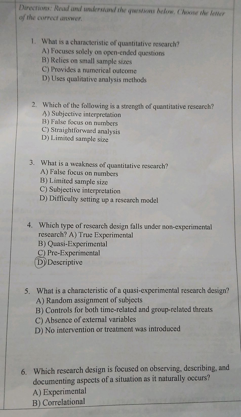 Descriptive Quantitative Questions Examples 1. What is a characteristic of quantitative | StudyX