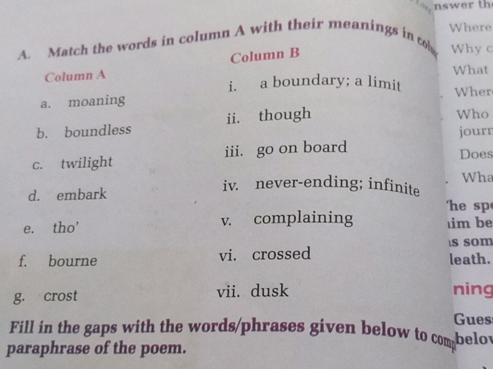A. Match the words in column A with their | StudyX