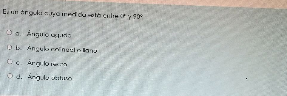 Es un ángulo cuya medida está entre 0° y 90° | StudyX
