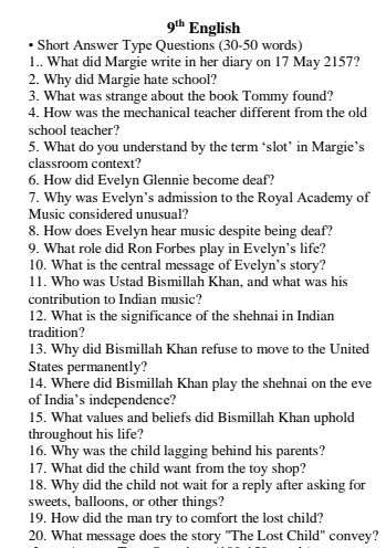 9th English • Short Answer Type Questions | StudyX