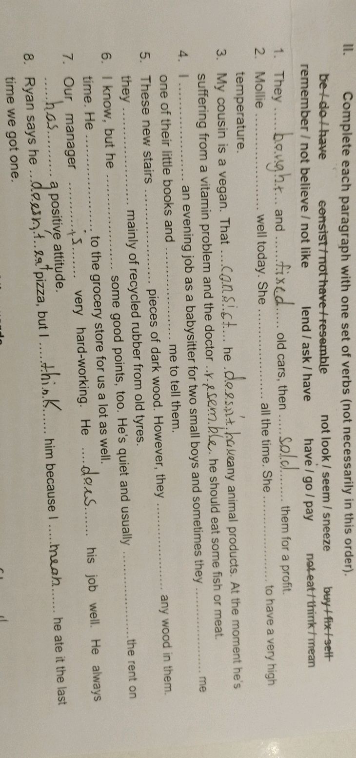 II. Complete each paragraph with one set of | StudyX