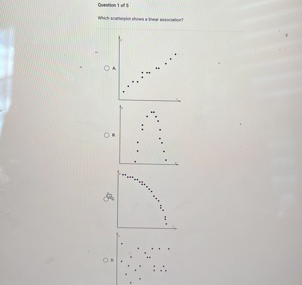 Question 1 of 5 Which scatterplot shows a