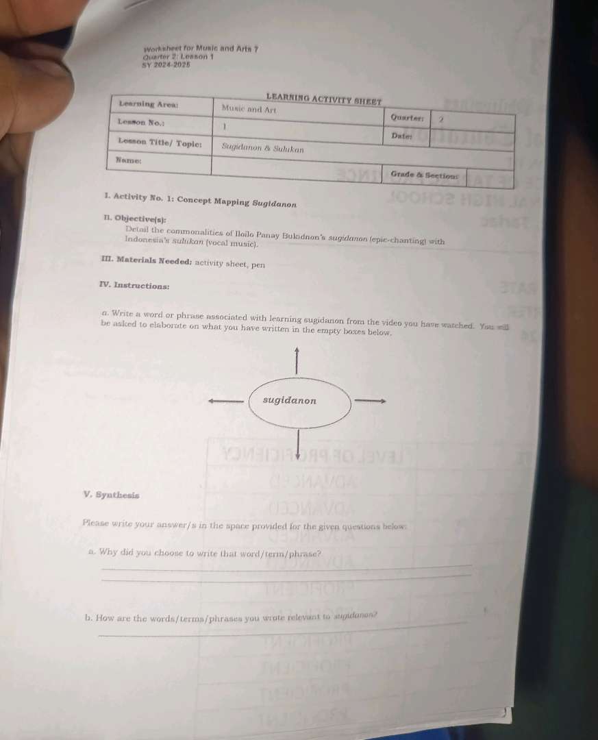 Worksheet for Music and Arts 7 Quarter 2 | StudyX
