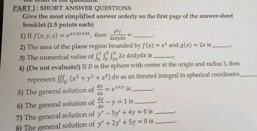 PART I SHORT ANSWER QUESTIONSGive the most | StudyX