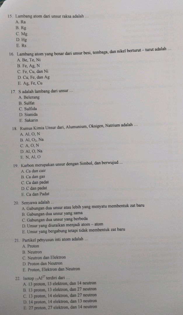 15 Lambang atom dari unsur raksa adalah A Ra | StudyX