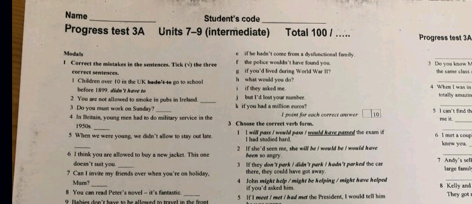 Name Students code Progress test 3A Units | StudyX