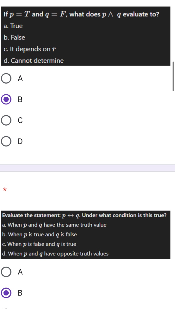 If p = T and q = F what does p q evaluate to | StudyX