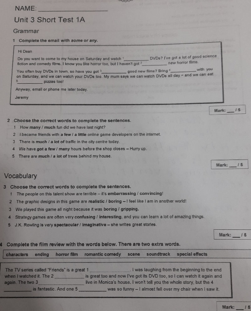 NAME Unit 3 Short Test 1A Grammar 1 Complete | StudyX