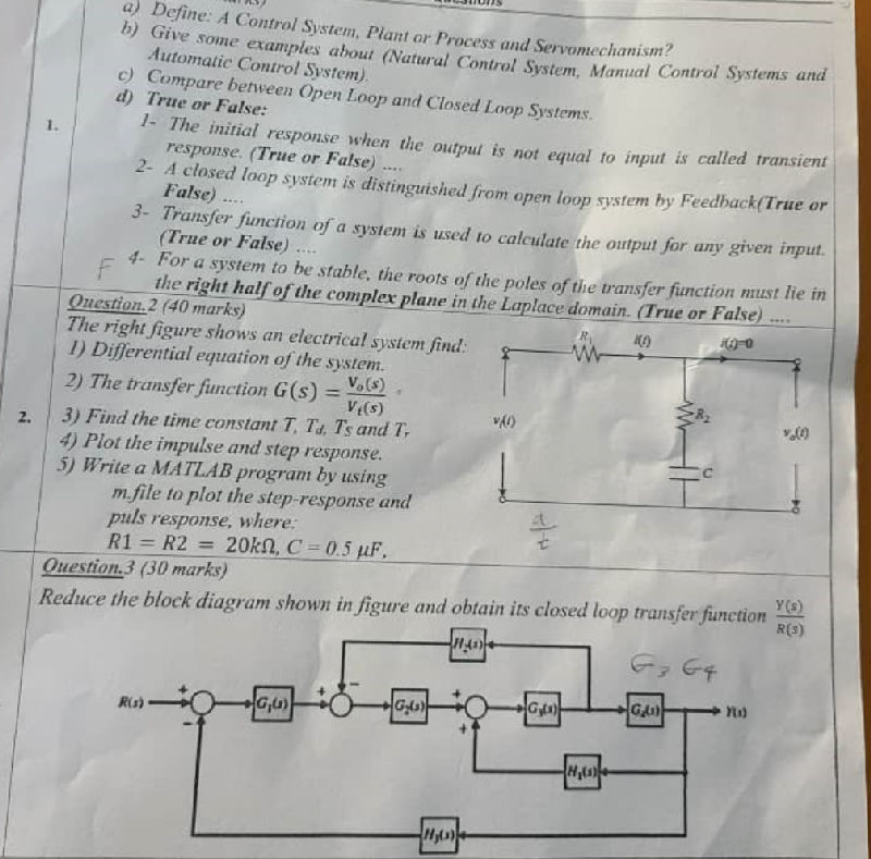 1 a) Define A Control System Plant or | StudyX