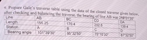 Traverse Table Chart Fill In 9 Prepare Gales traverse table using the | StudyX