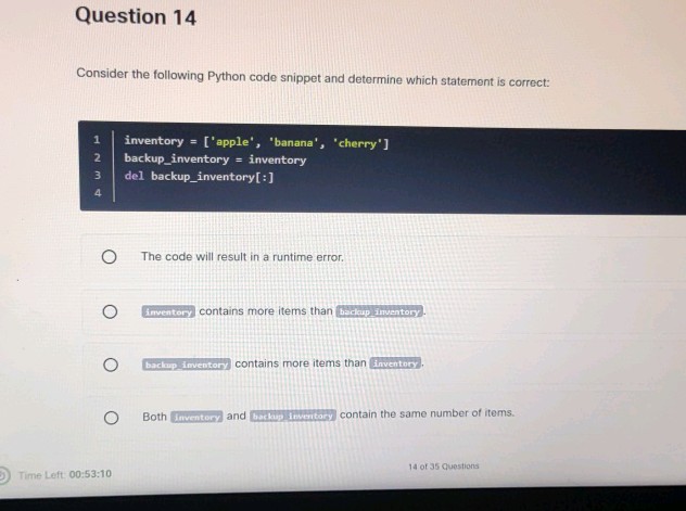 Question 14 Consider the following Python | StudyX