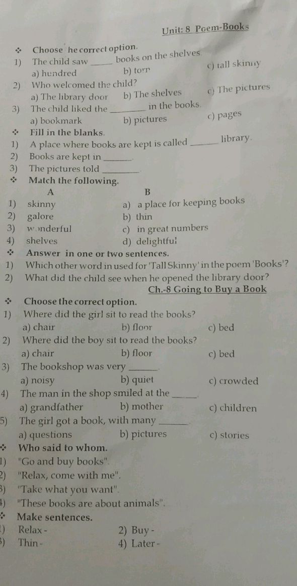 Unit 8 Poem-Books Choose he correct option | StudyX