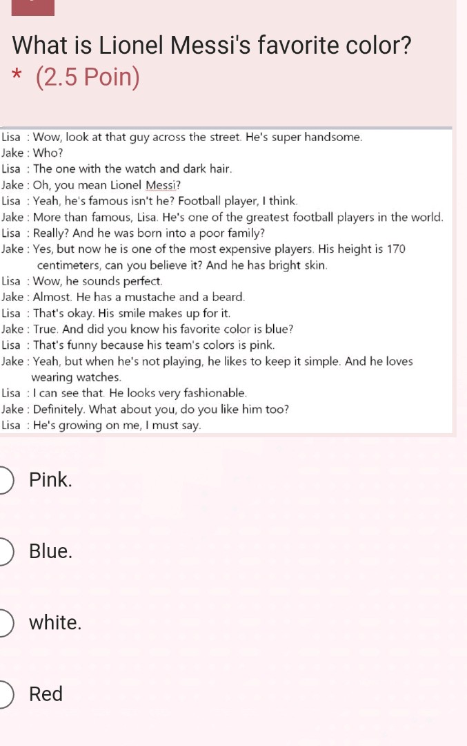 What is Lionel Messis favorite color (25 StudyX