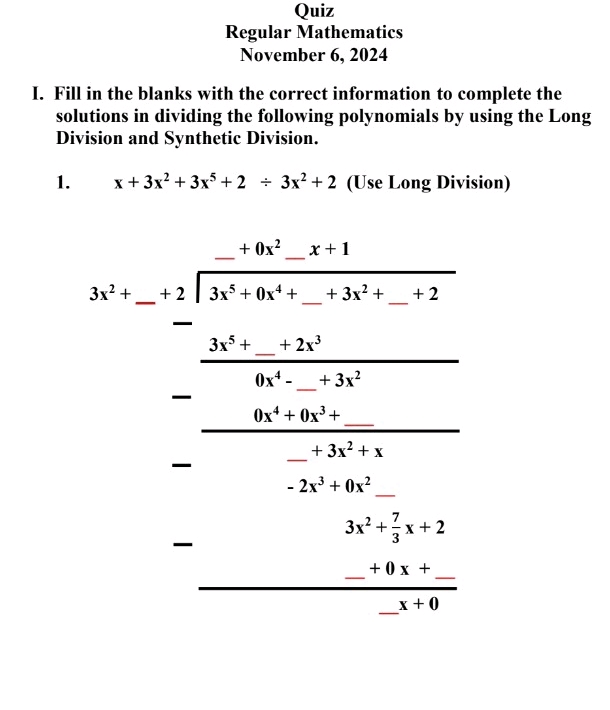 Quiz Regular Mathematics November 6 2024 I | StudyX