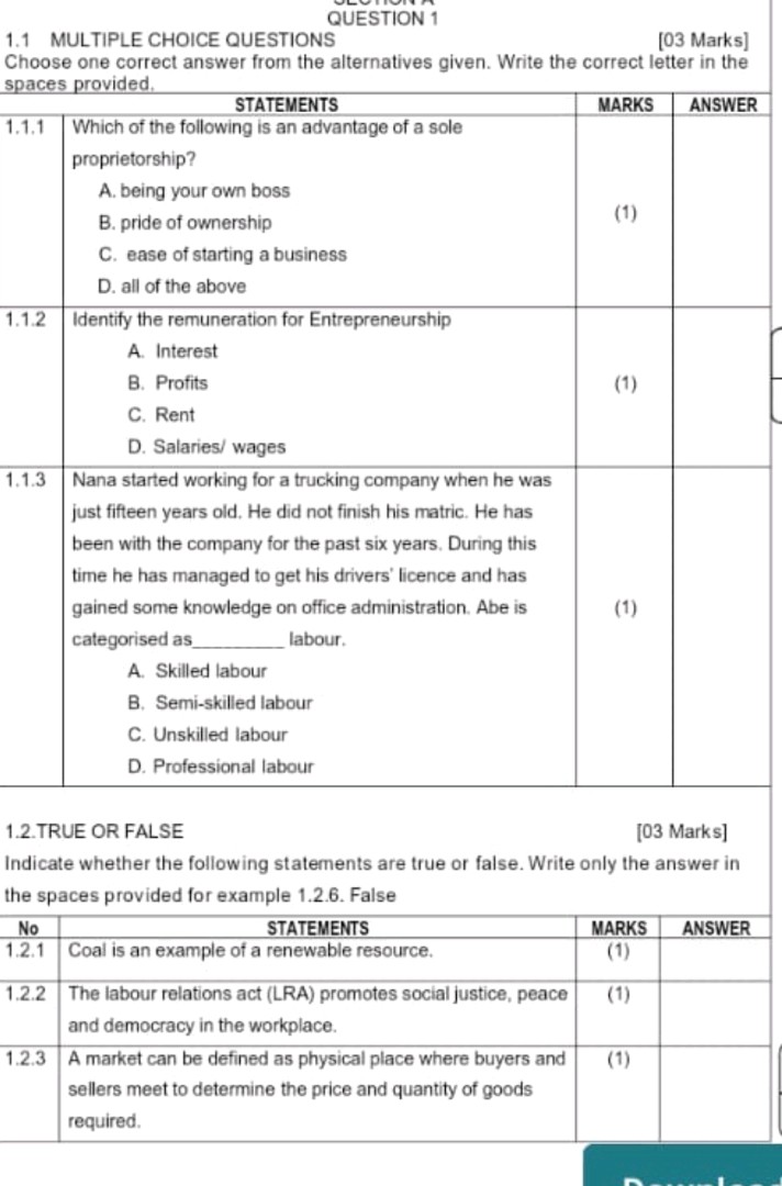 QUESTION 1 03 Marks 11 MULTIPLE CHOICE | StudyX