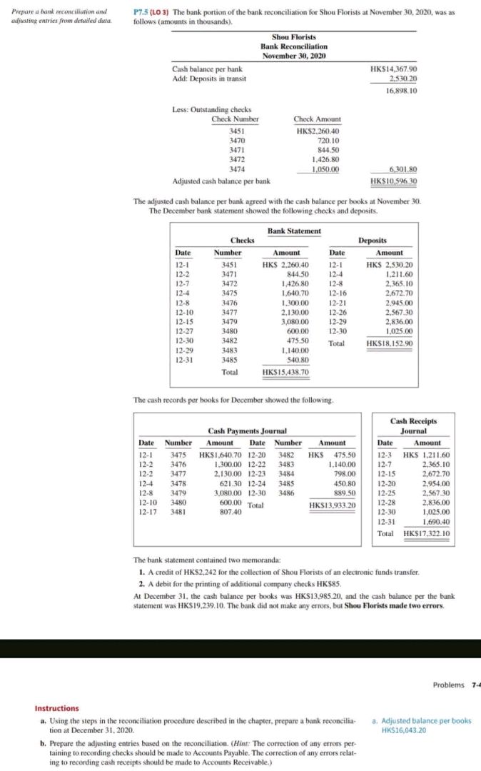 Prepare a bank reconciliation and adjusting