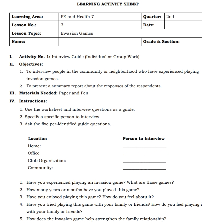 LEARNING ACTIVITY SHEET Learning Area PE and | StudyX