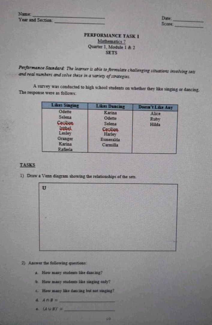 Task 1 Math PERFORMANCE TASK 1 Mathematics 7 Quarter 1 | StudyX