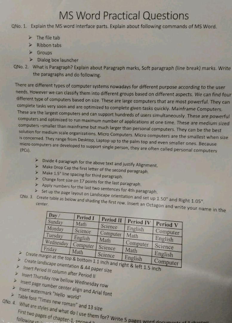 Question Paper Ms Word Ractions MS Word Practical Questions QNo 1 Explain