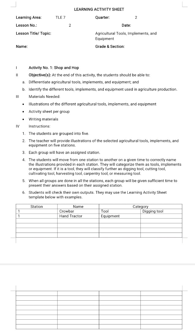 LEARNING ACTIVITY SHEET Learning Area TLE 7 | StudyX