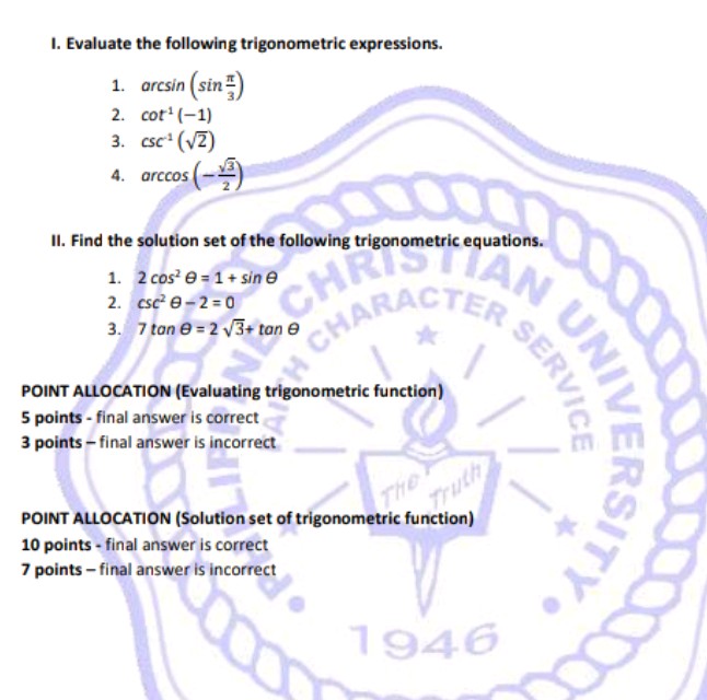 Csc Math Questions I Evaluate the following trigonometric
