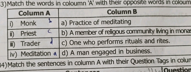 3) Match the words in column A with their | StudyX
