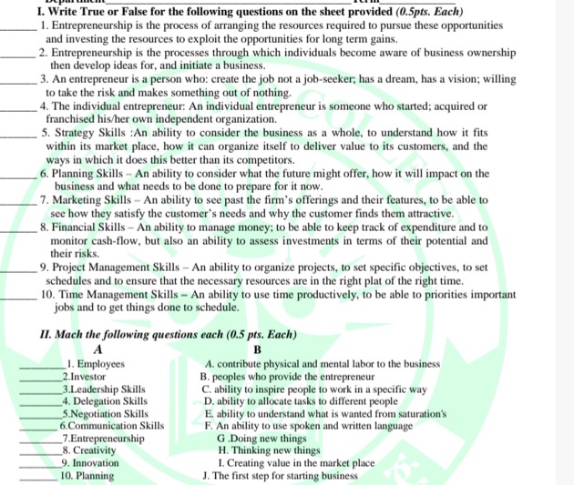I Write True or False for the following | StudyX