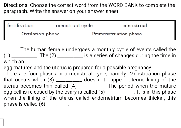 Directions Choose the correct word from the | StudyX