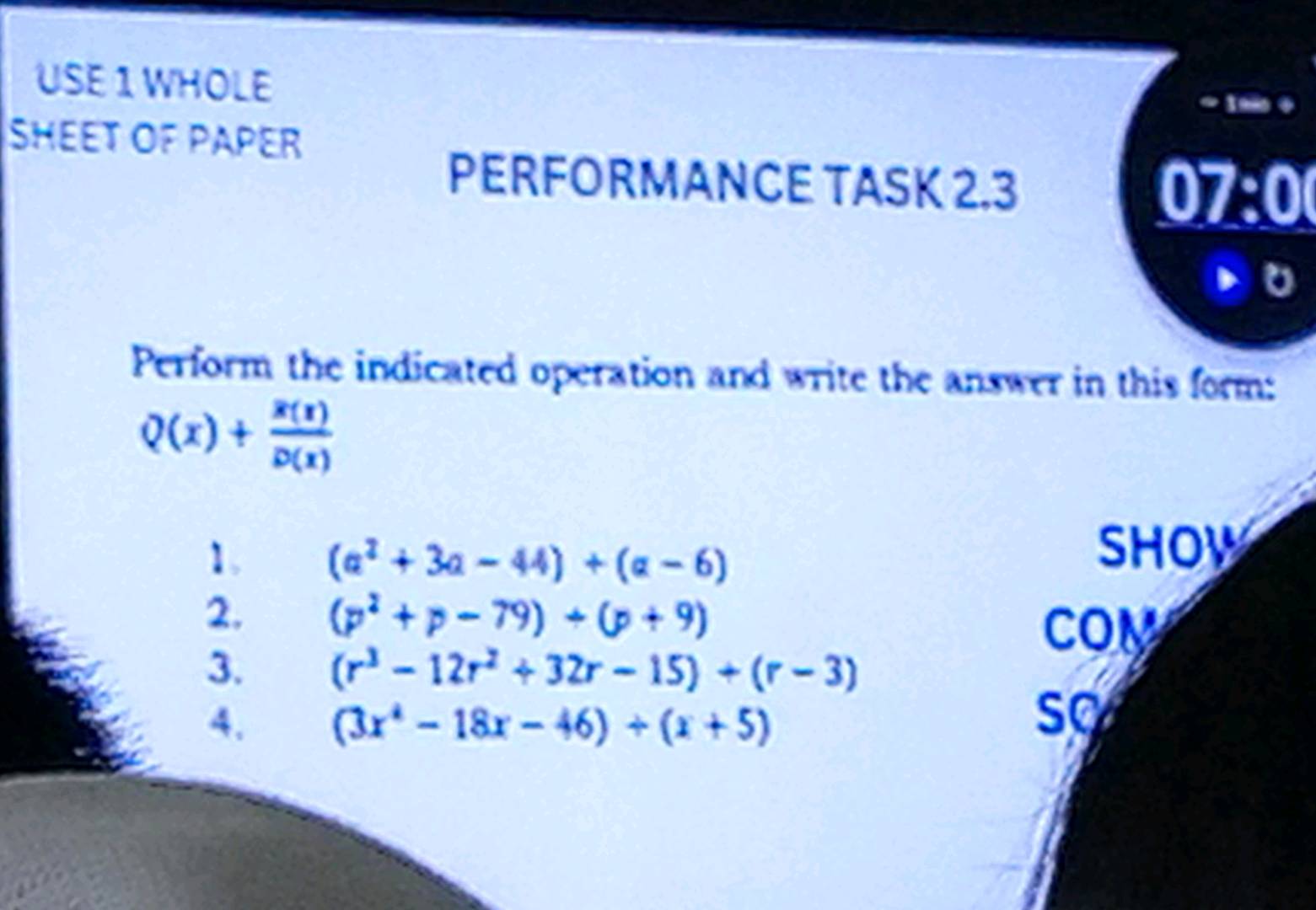 Question Is Homework Math USE 1 WHOLE SHEET OR PAPER PERFORMANCE TASK