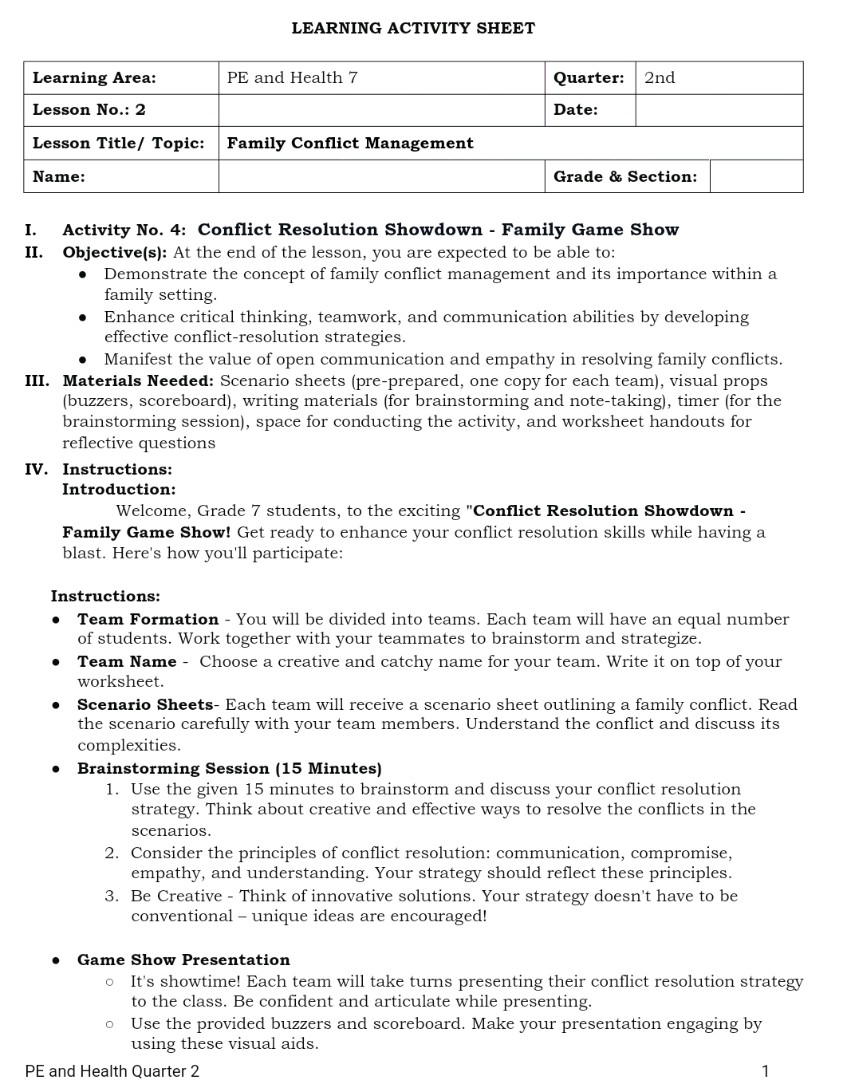 LEARNING ACTIVITY SHEET Learning Area PE and | StudyX